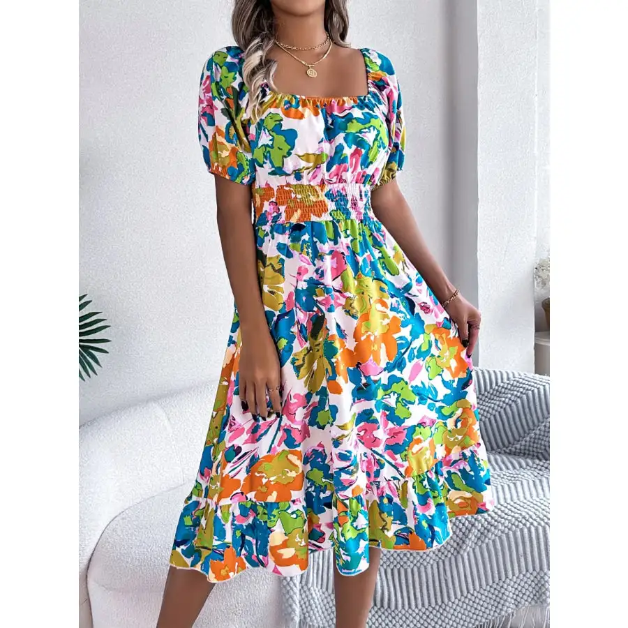 Ruffled Hem Smocked Short Sleeve Midi Dress