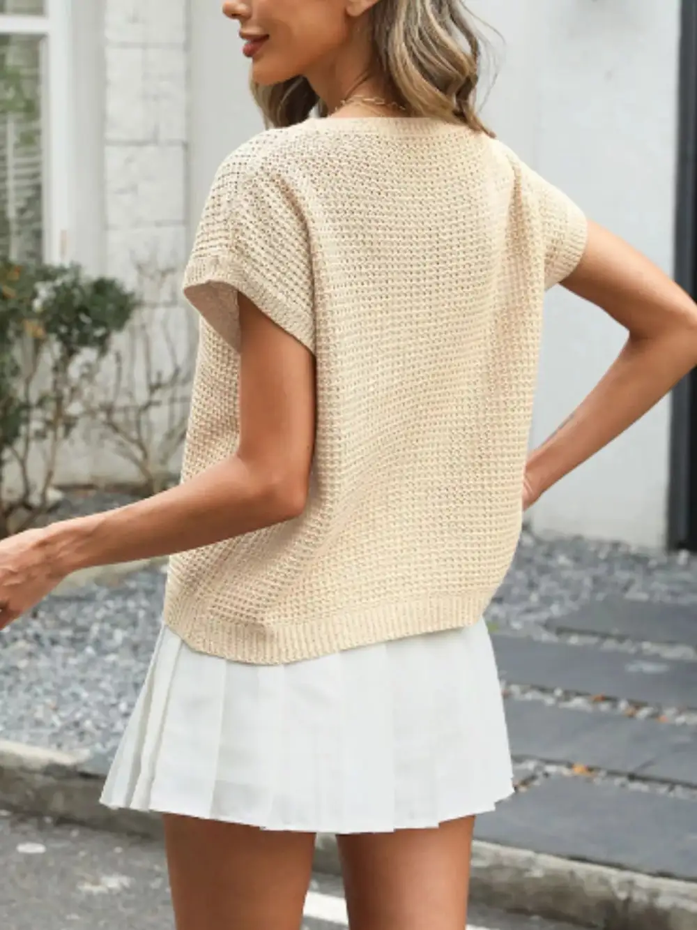 Round Neck Waffle Knit Top