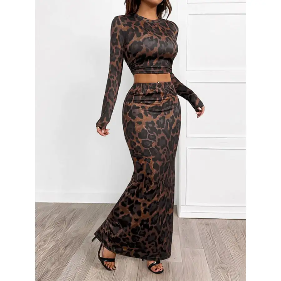 Leopard Round Neck Top and Skirt Set