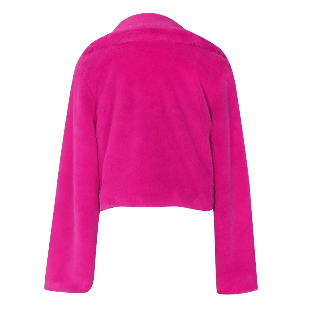 Z1-Hot Pink Faux Fur Coat Women with Hood Cropped Bubble Coats Fleece Short Warm Jackets Plus Size Winter Coats for Women