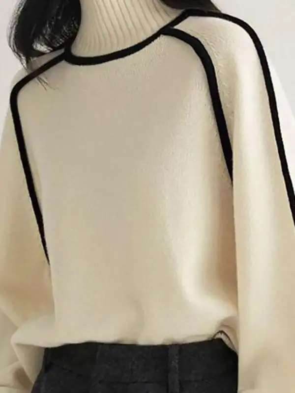 Paneled High Neck Long Sleeve Relaxed Fit Pullover Sweater