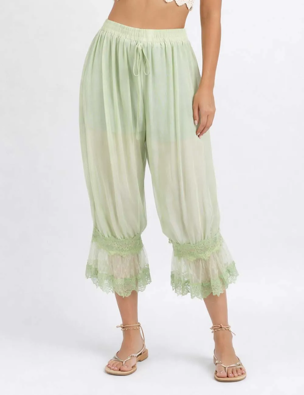 Sheer Lace Trim Bloomer Drawstring Waist Capri Pants
