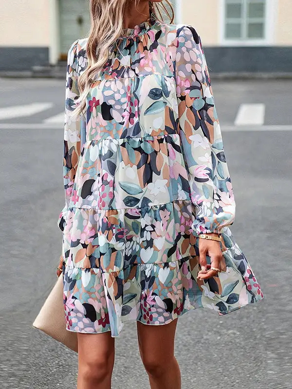 A Line High Waisted Printed Split Joint Tied Mock Neck Mini