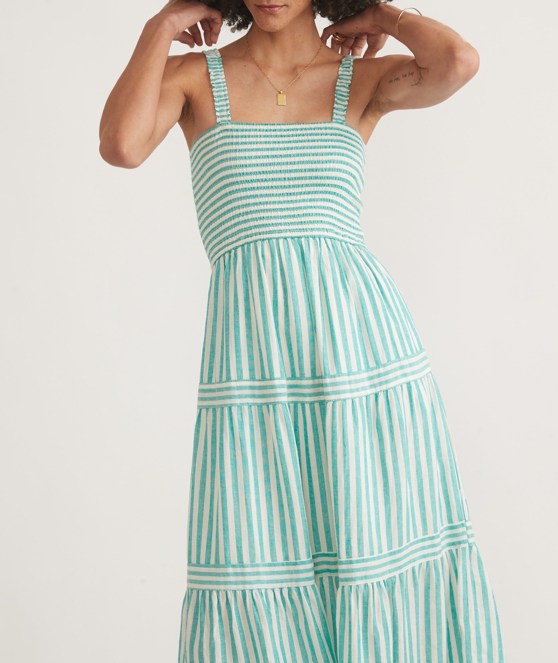 Turquoise Striped Tiered Midi Dress