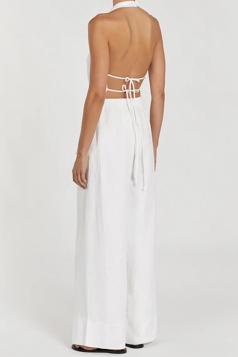 WHITE LINEN ELASTIC WAIST PANT