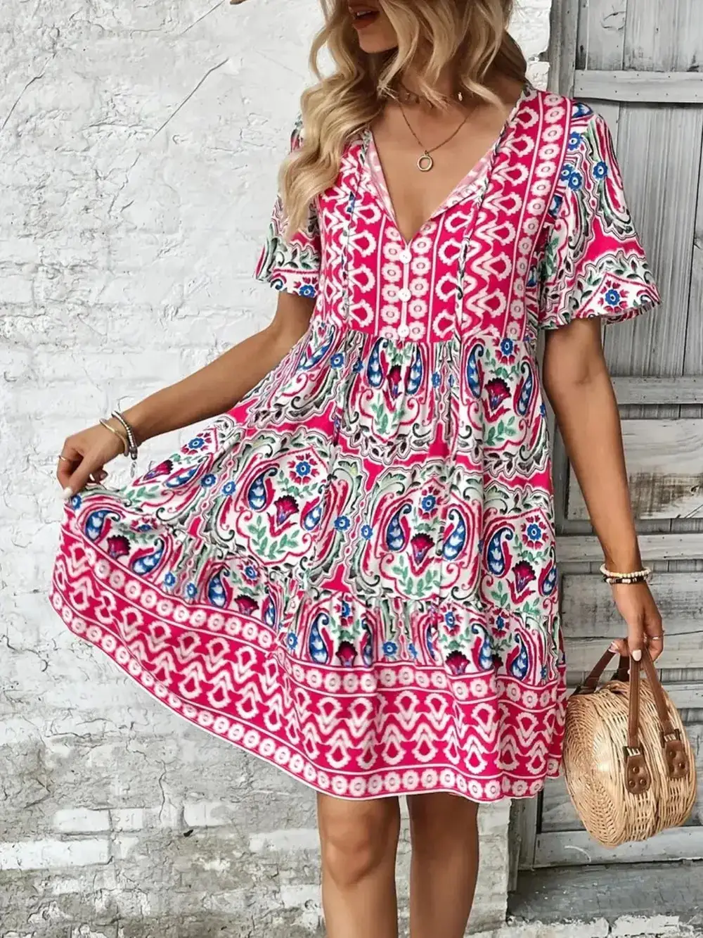 Short Sleeve Printed Midi Dress