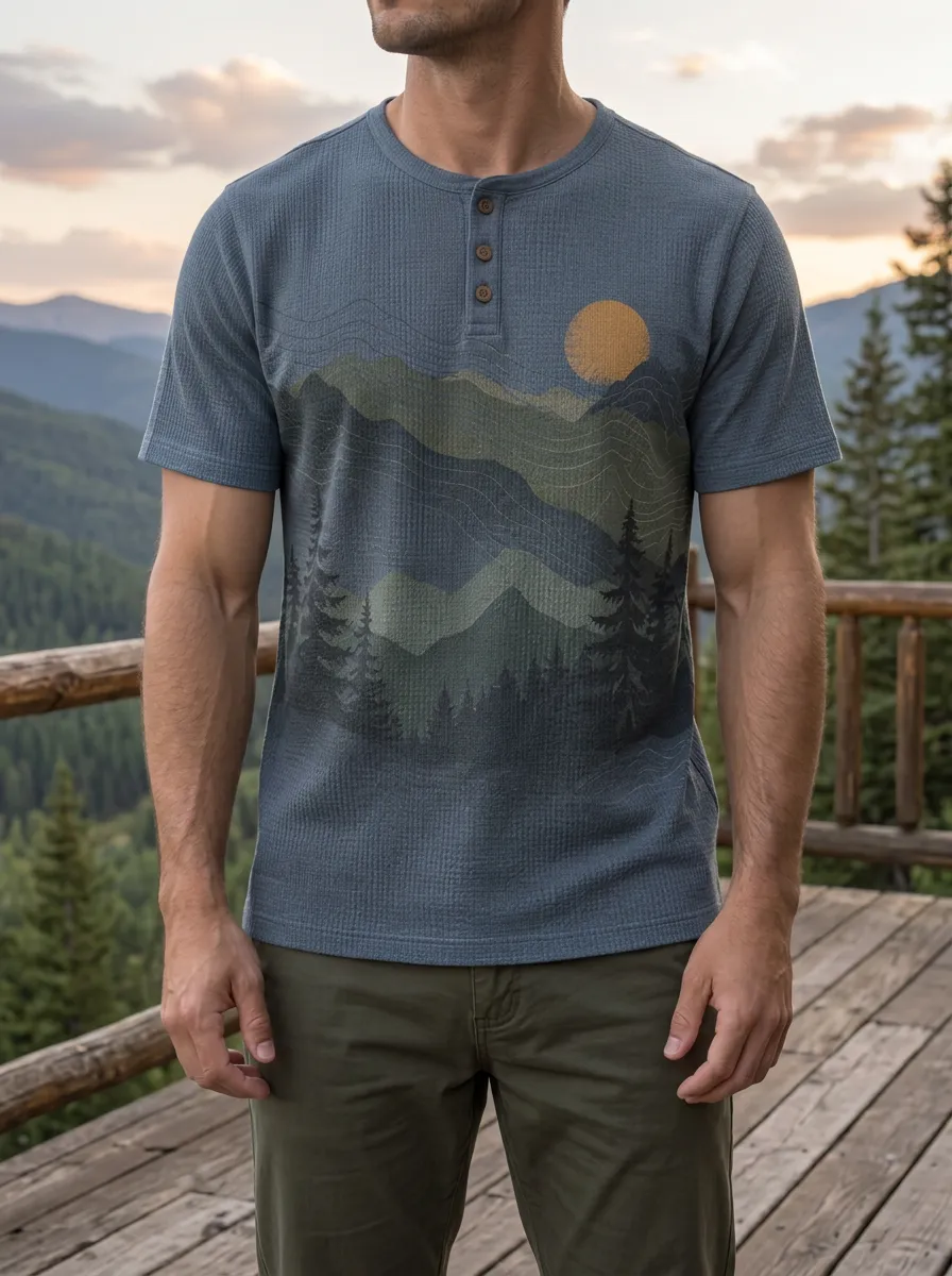 Men's Relaxed Nature Lover Mountain Forest Sunset Henley T-Shirt