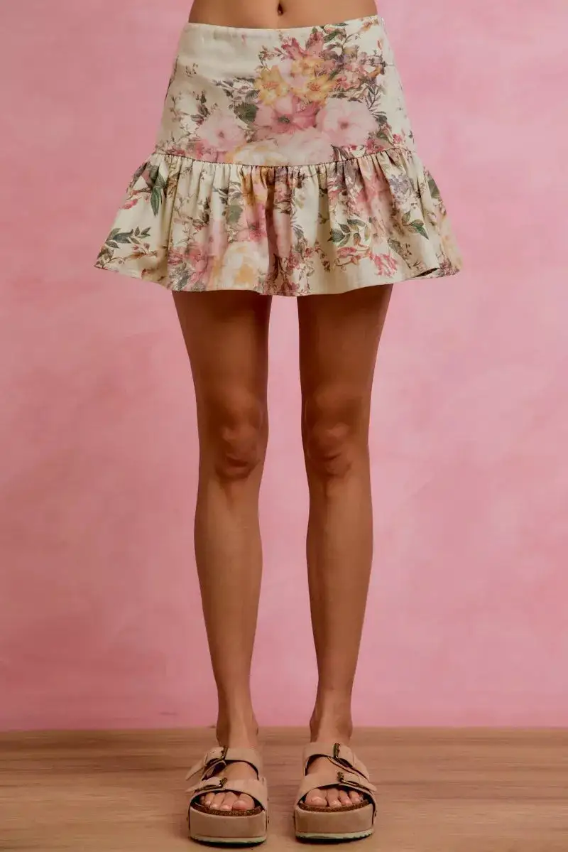Sequin Floral Print Flared Casual Mini Skirt