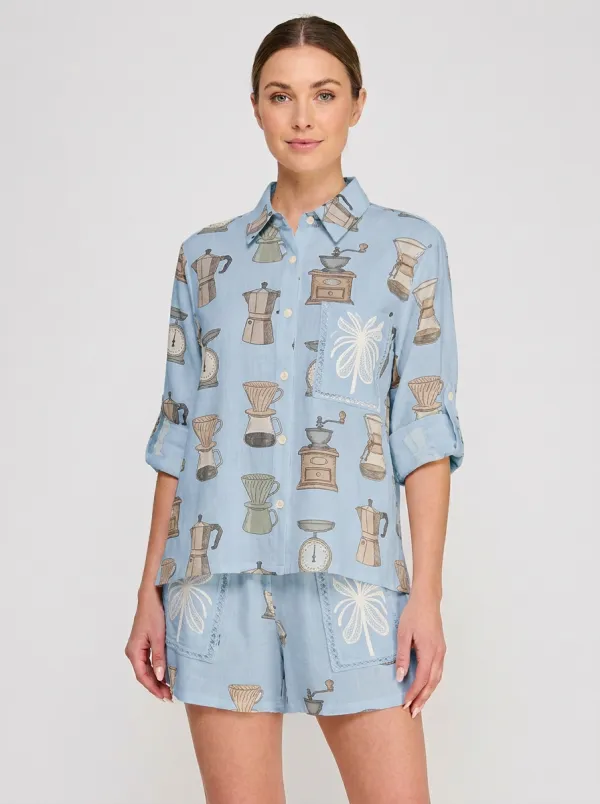 Women's Coffee Lover Kitchenware Printed Button-up Shirt
