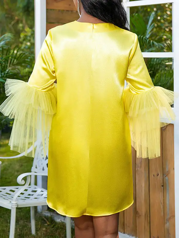 Half Sleeve Relaxed Shiny Solid Color Split Joint Tulle Round Neck