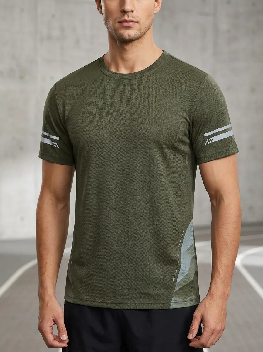 Men's Fitness Reflective Strip Printed Quick-Dry Crew Neck T-Shirt