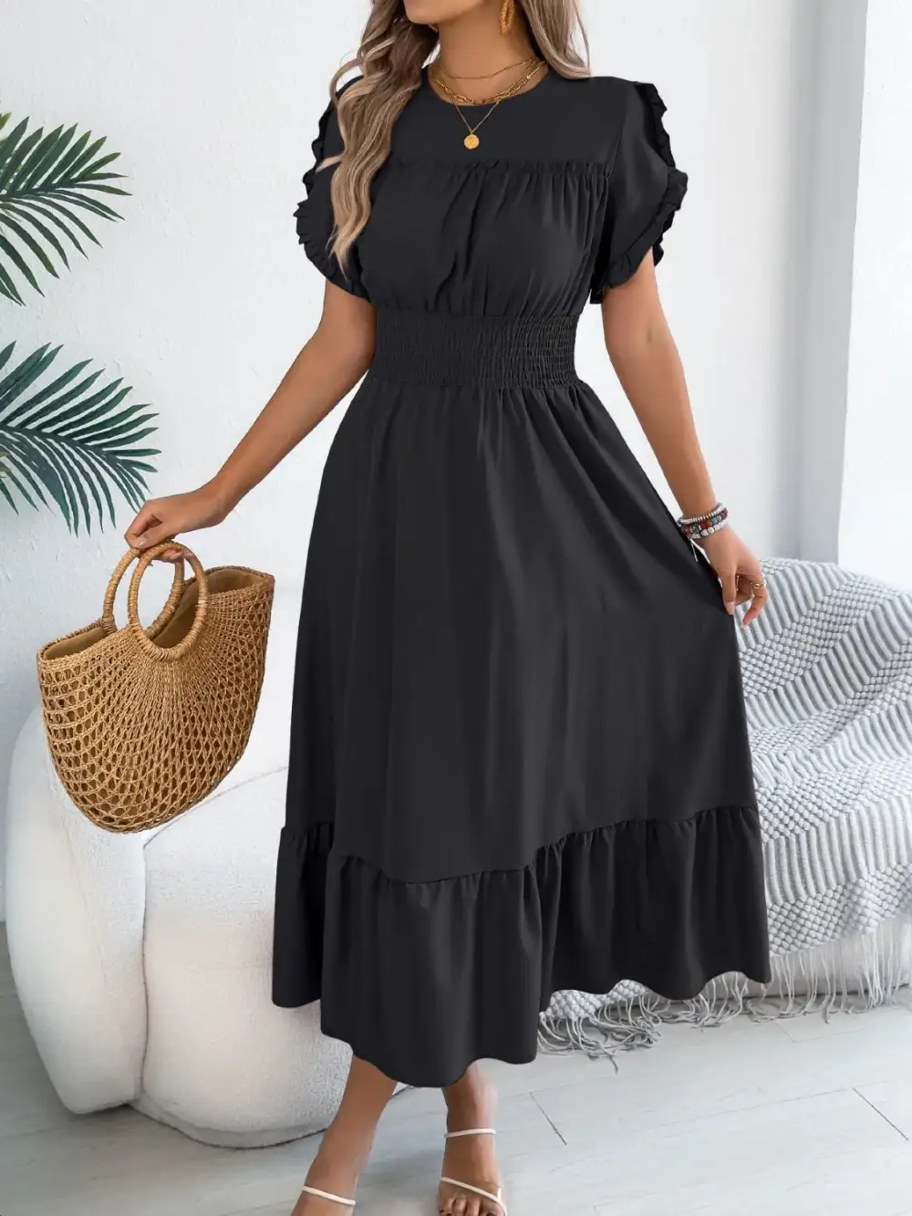 Crew Neck Ruffled Smocked Midi Dress