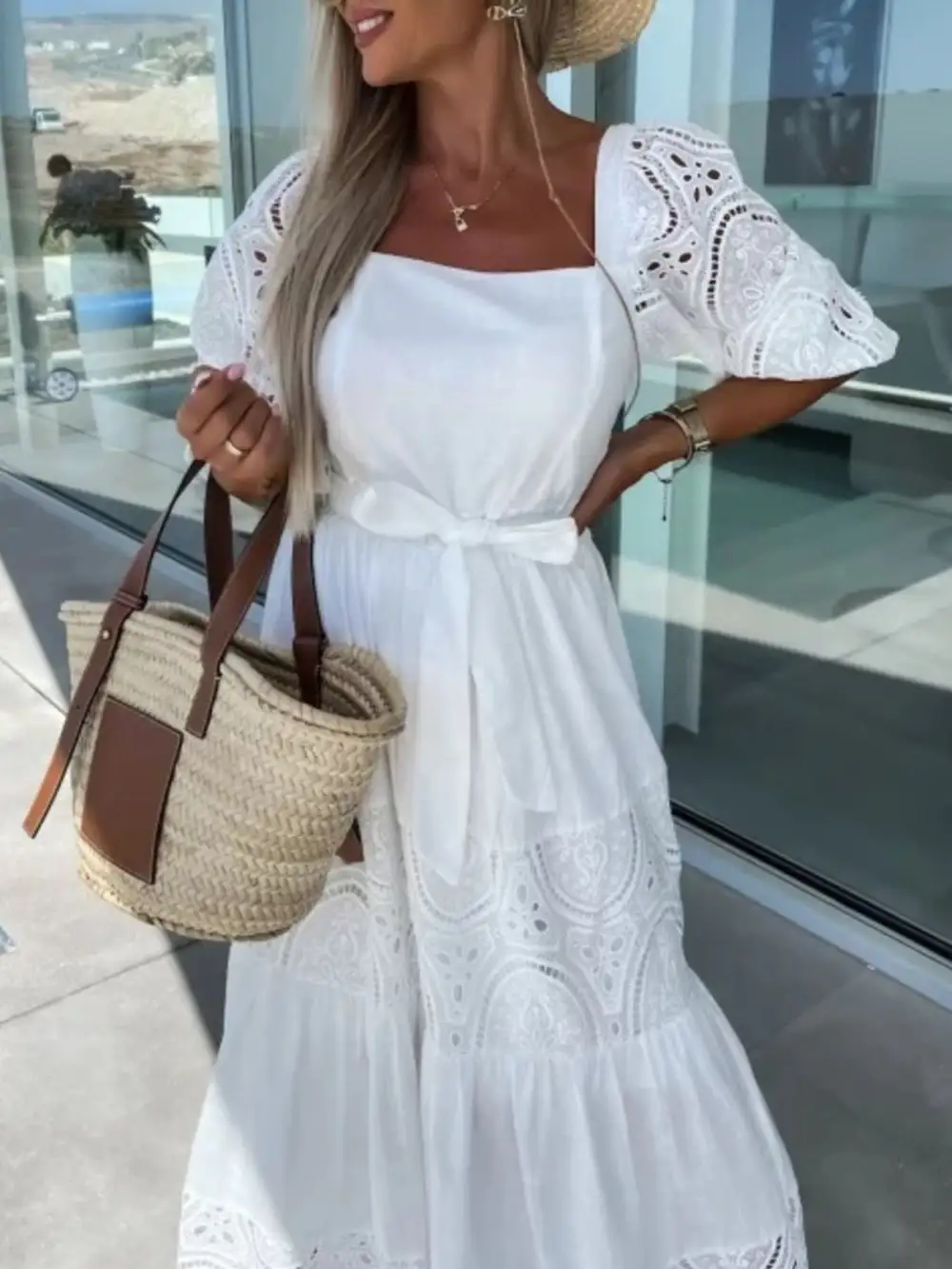 Lace Tie Waist Ruffle Maxi Dress