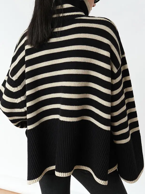 Striped Split Hem Paneled High Neck Long Sleeve Relaxed Fit Sweater