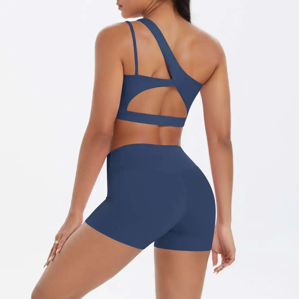 One-Shoulder Backless Bra, Vest and Shorts Active Set