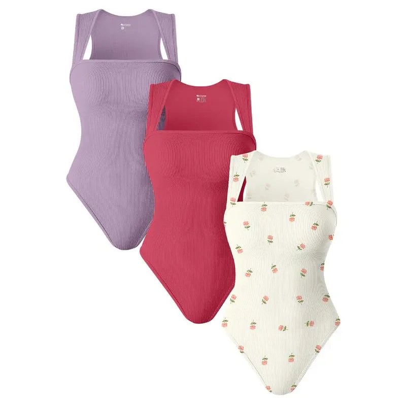 Womenswear 3 Piece Bodysuits Stretchy Underwear Sexy Ribbed Square Neck Sleeveless Stretchy Tank Tops Bodysuits Soft Lady