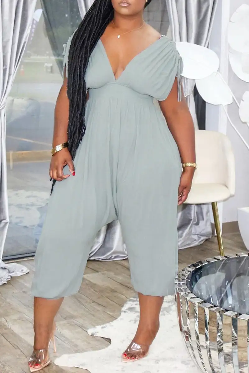 Fashion Casual Solid Draw String V Neck Regular Jumpsuits