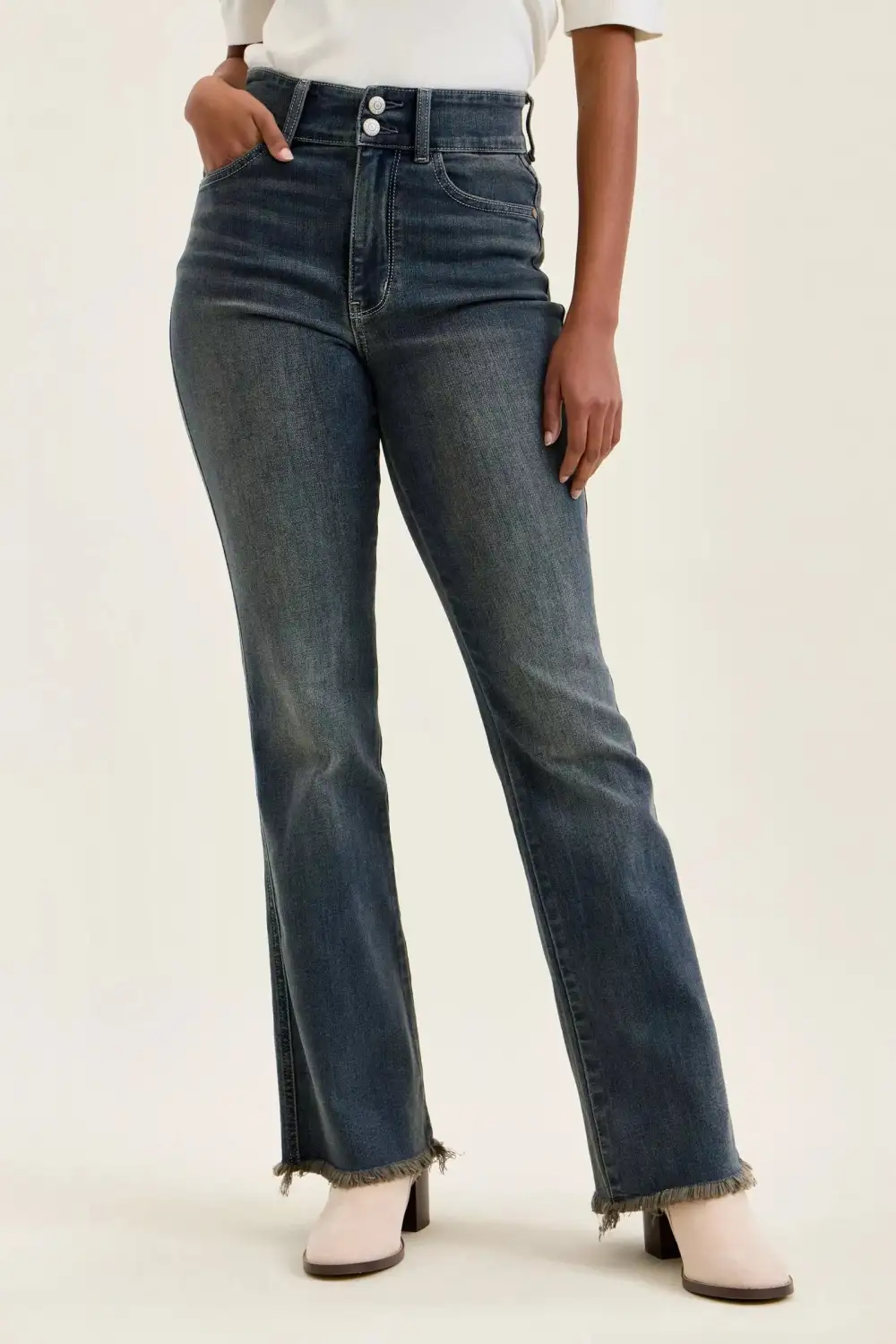 High Waist Frayed Hem Button Denim Jeans