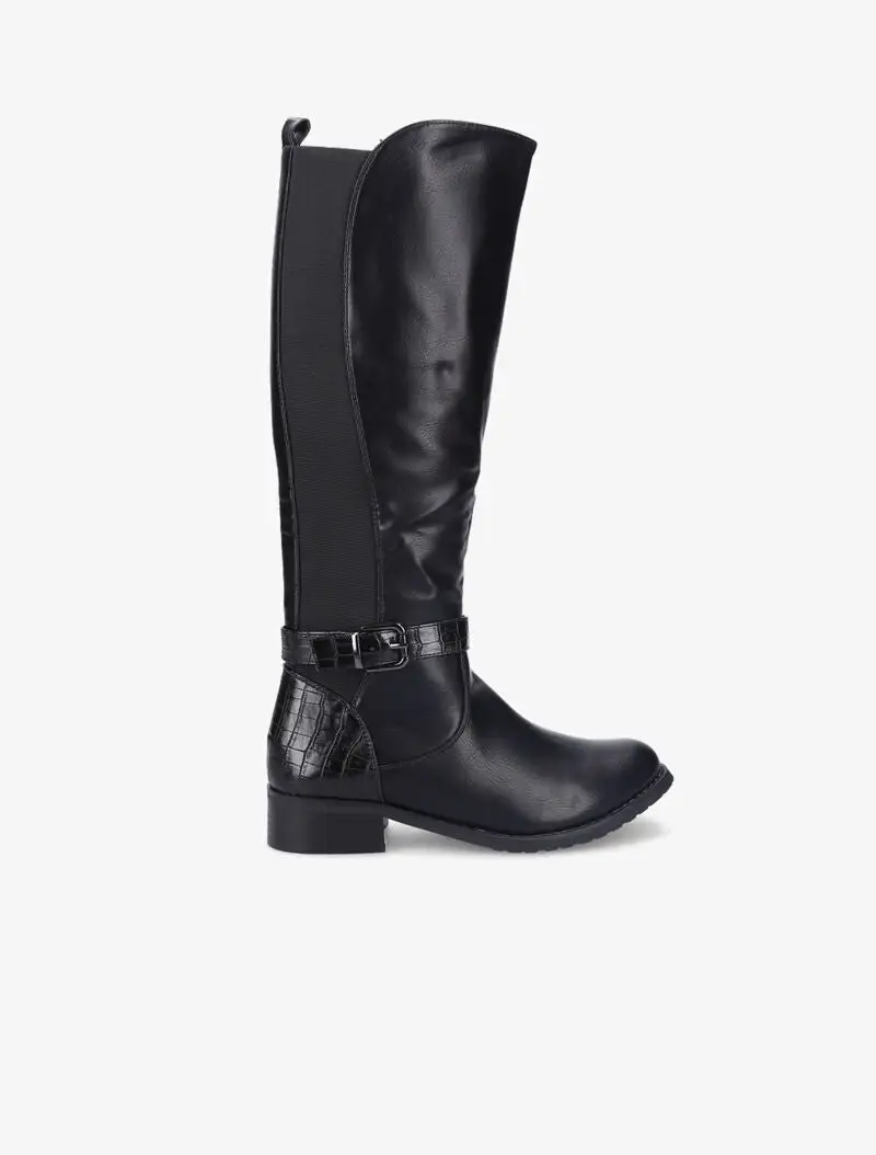 Everyday Strap Detail Block Heel Faux Leather Knee High Boots