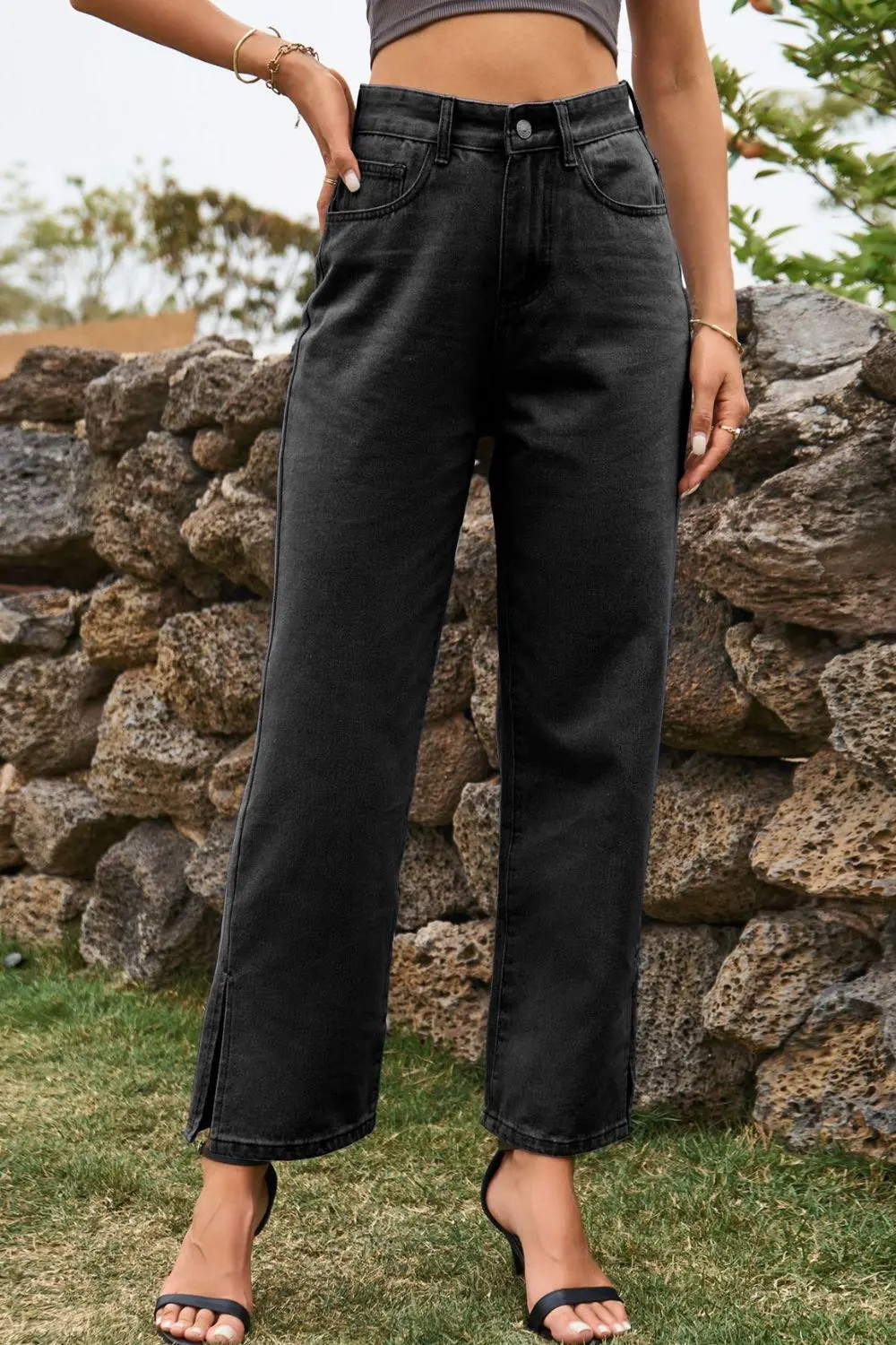 High Waist Loose Fit Slit Denim Jeans