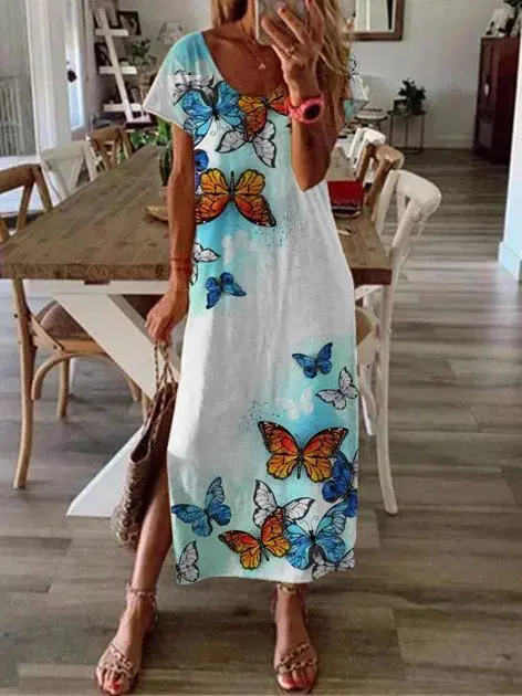 Butterfly Print Crew Neck Holiday Slit Dress