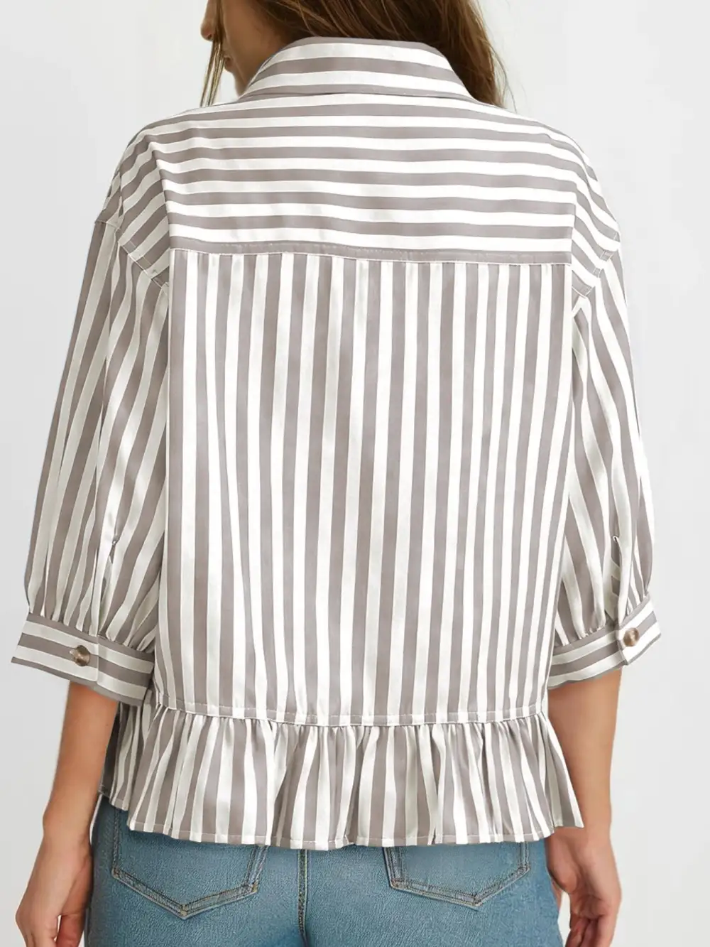 Striped Ruffle Hem Button Down Shirt