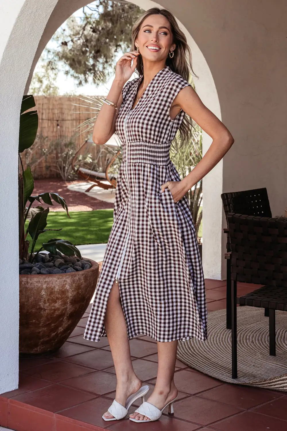 Plaid Printed Zip Front Maxi Dress
