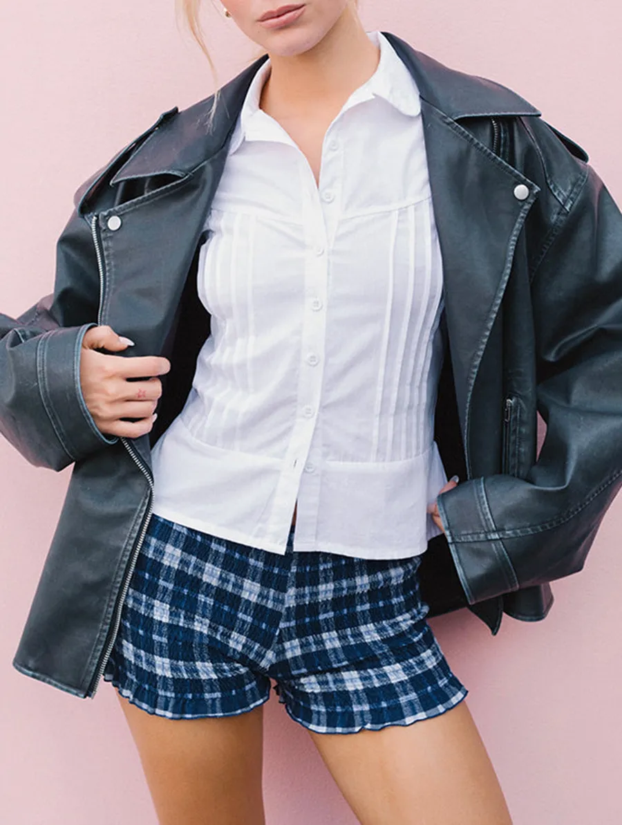 Shirred Shorts In Tartan Dark Blue