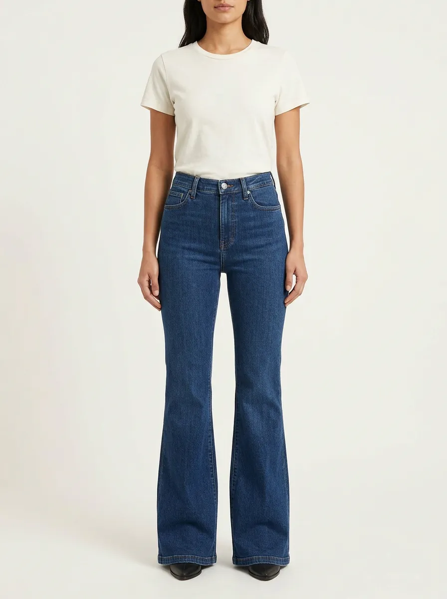 Women's High-Waisted Flare Denim High-Rise Waist Standard Button Jeans