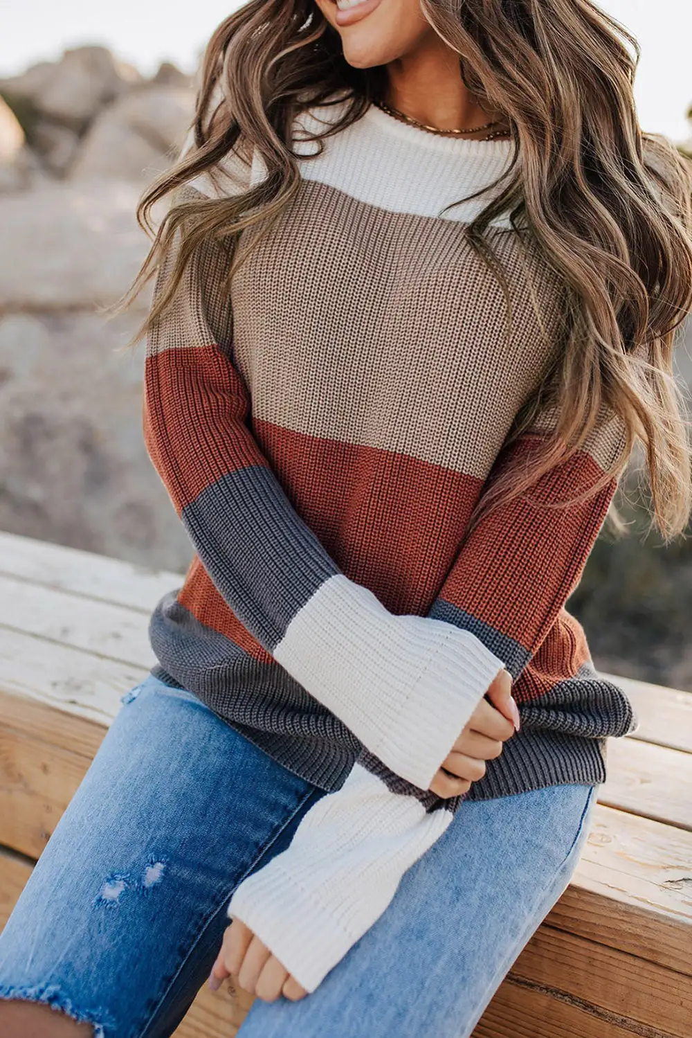 Color Block Knit Round Neck Sweater