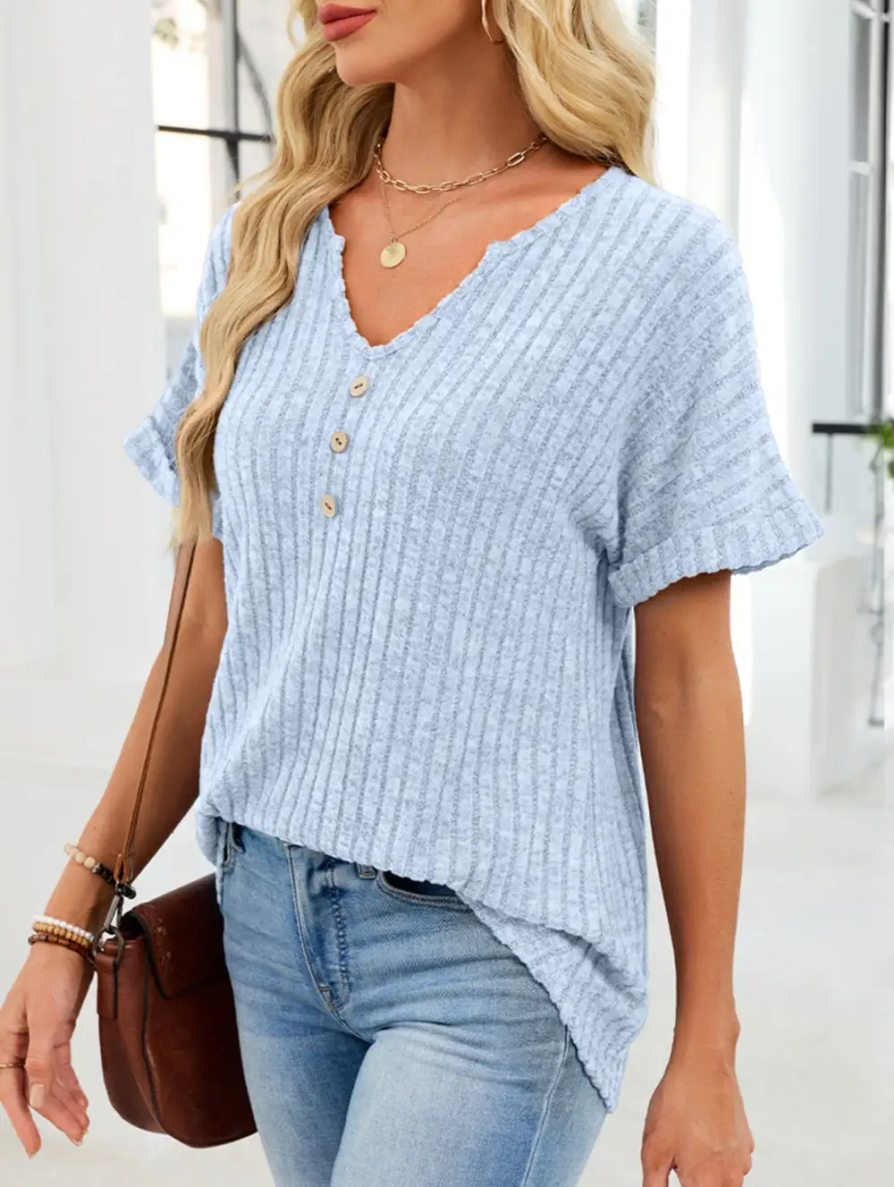 V Neck Button Front Loose Ribbed Tee