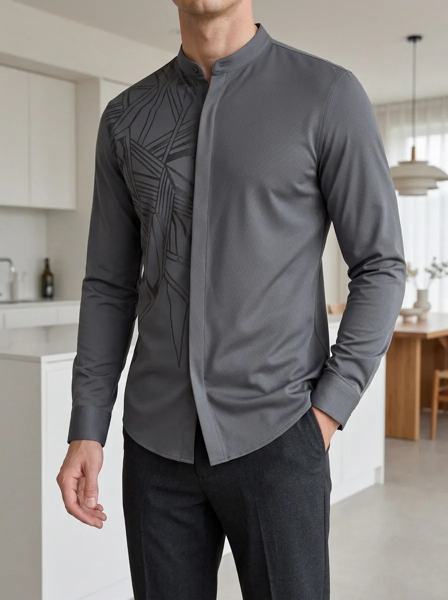 Men's Geometric Abstract Pattern Printed Slim Fit Mandarin Collar Shirt