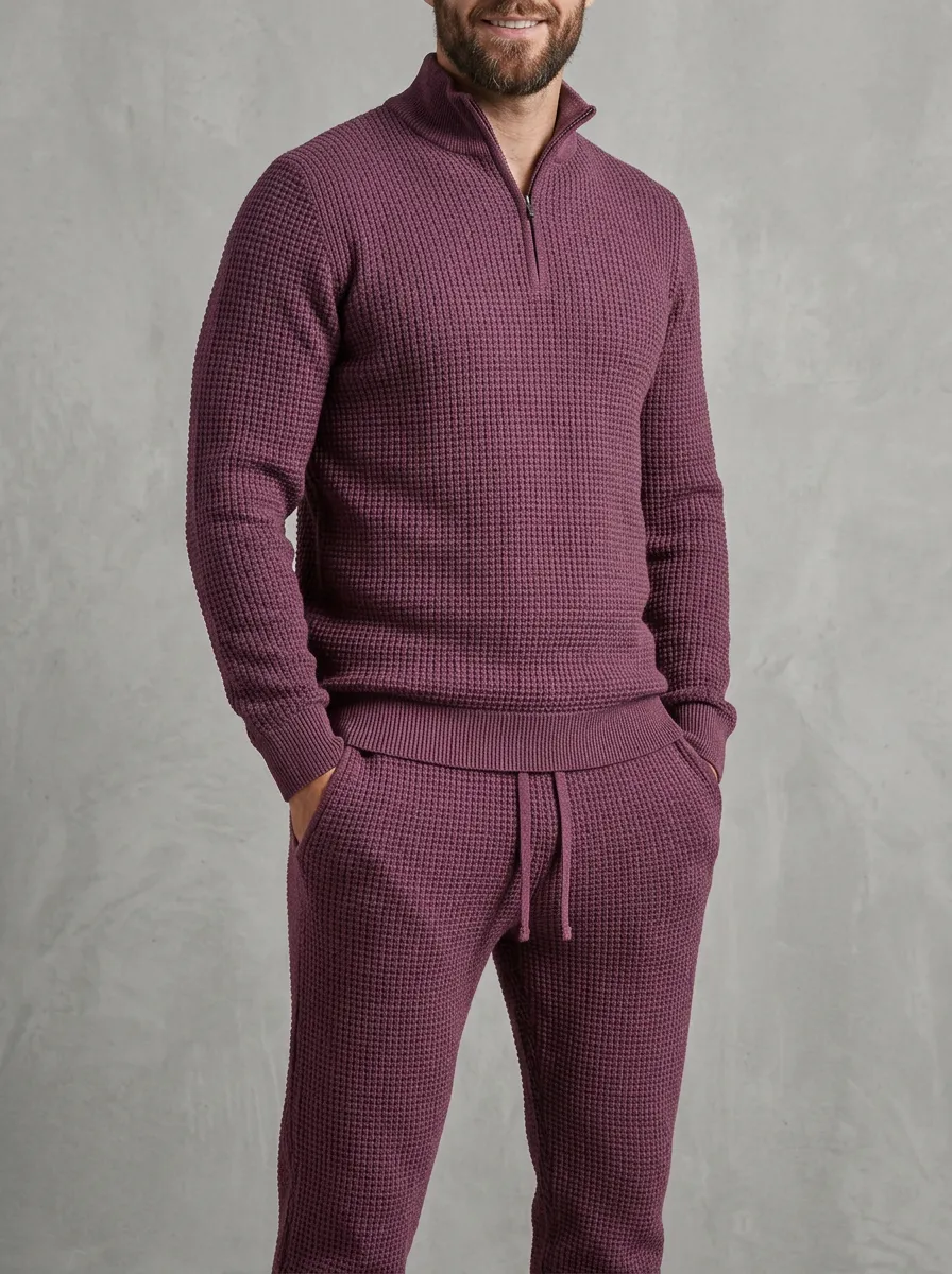 Refined Waffle-Knit Quarter-Zip Men's Quarter-Zip Knit Tracksuit Set