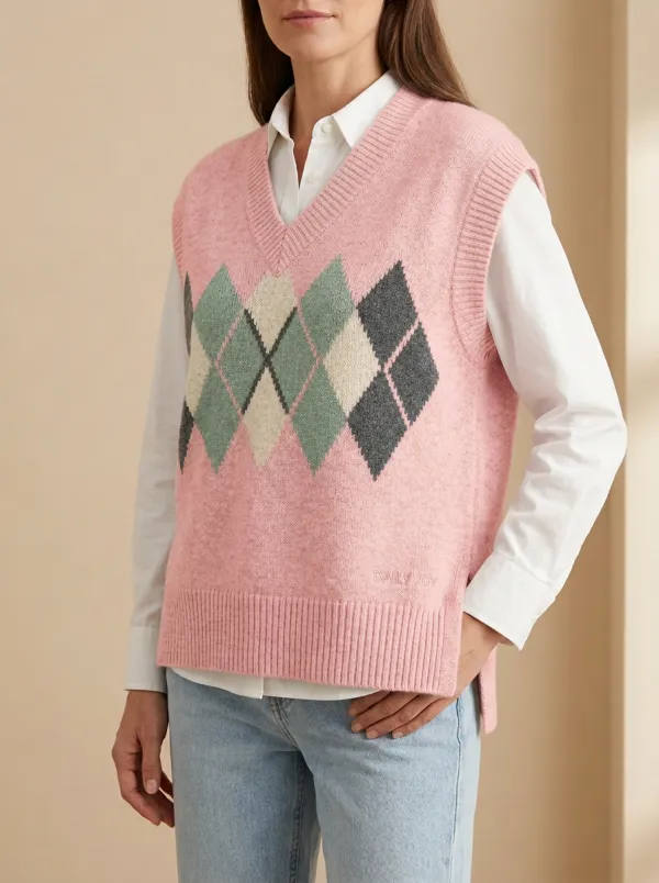 Relaxed Preppy Argyle Sweater Vest