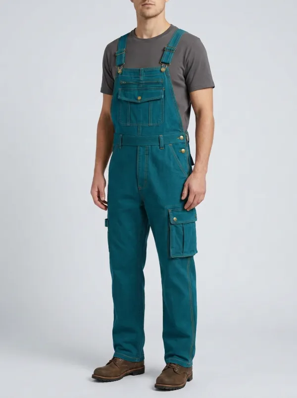 Men's Utility Olive Green Side-Button Cargo Bib Overalls