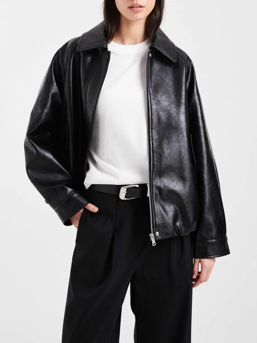 Crackled Leather Collared Jacket