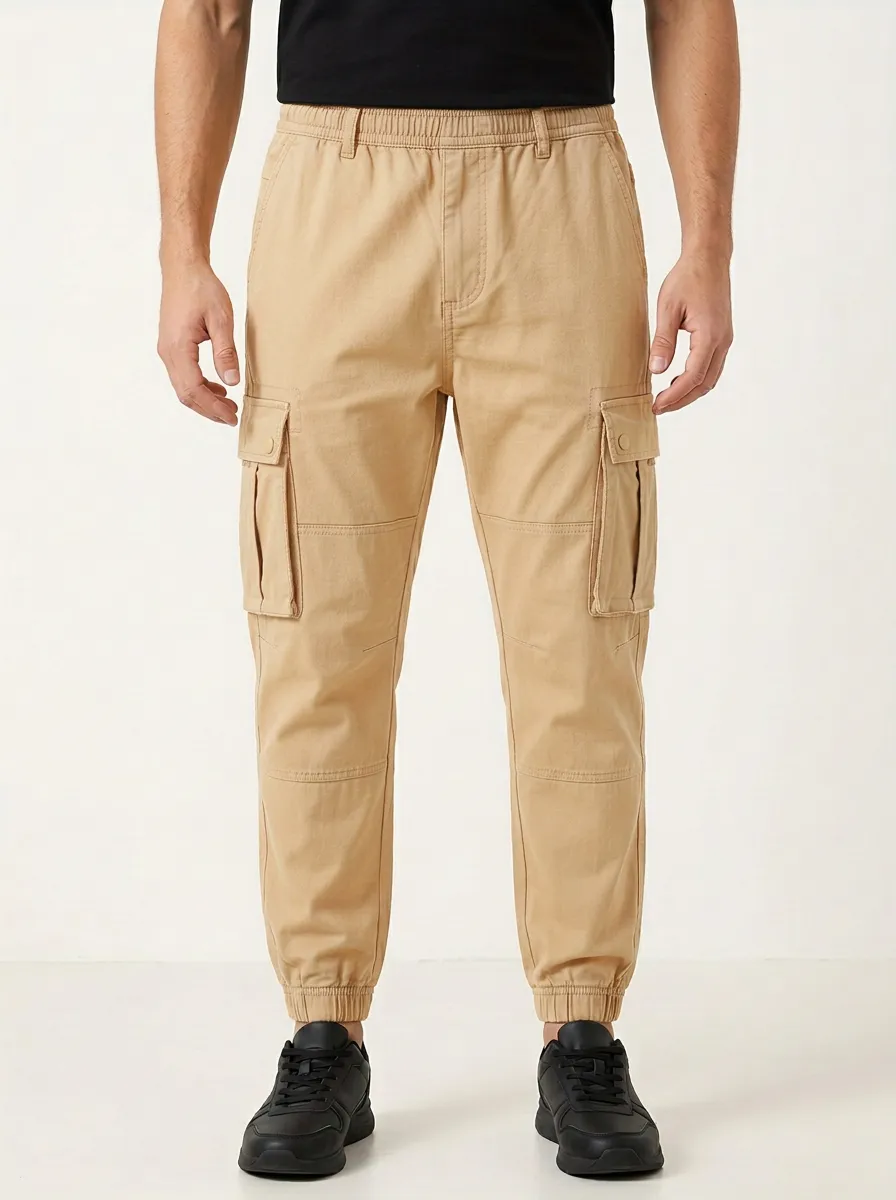Outdoor Elastic-Waist Solid-Style Men's Cargo Pants