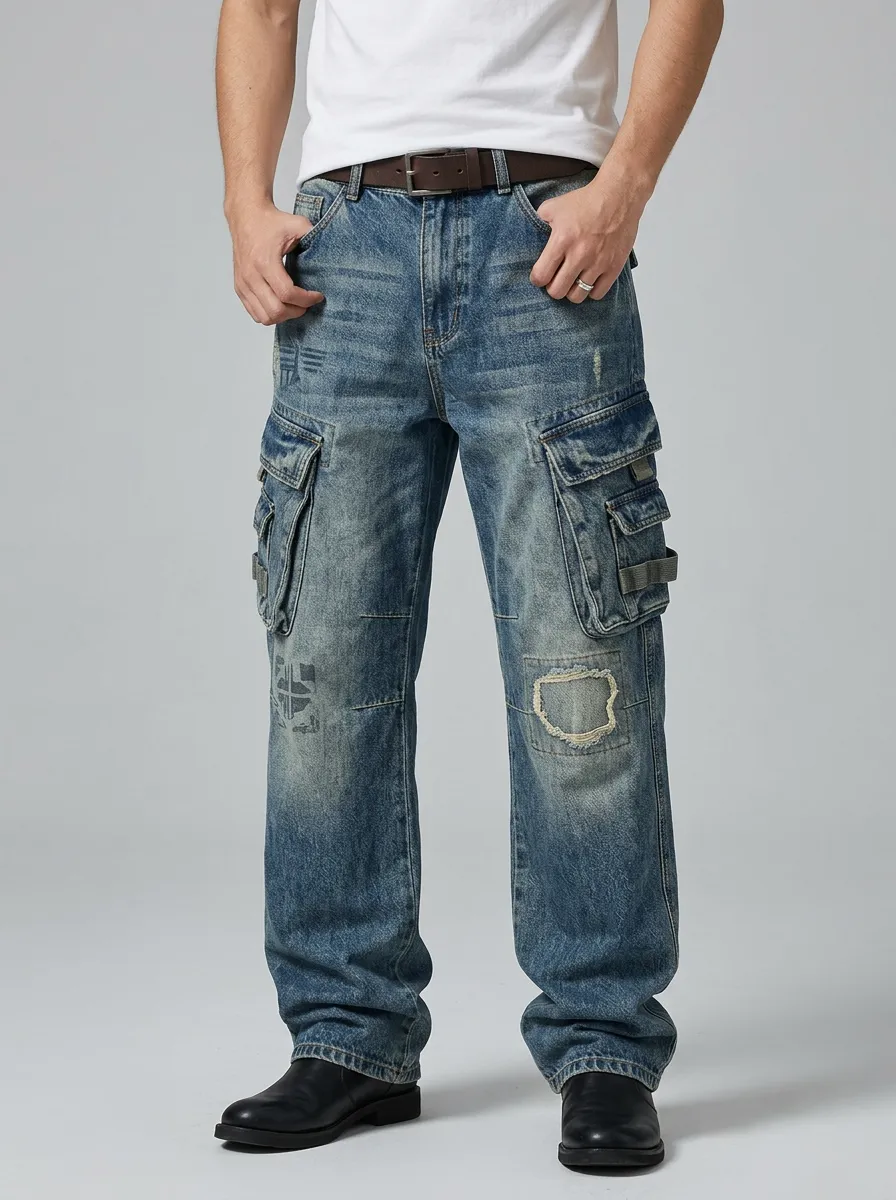 Men's Distressed Denim Graphic Printed Cargo Pants