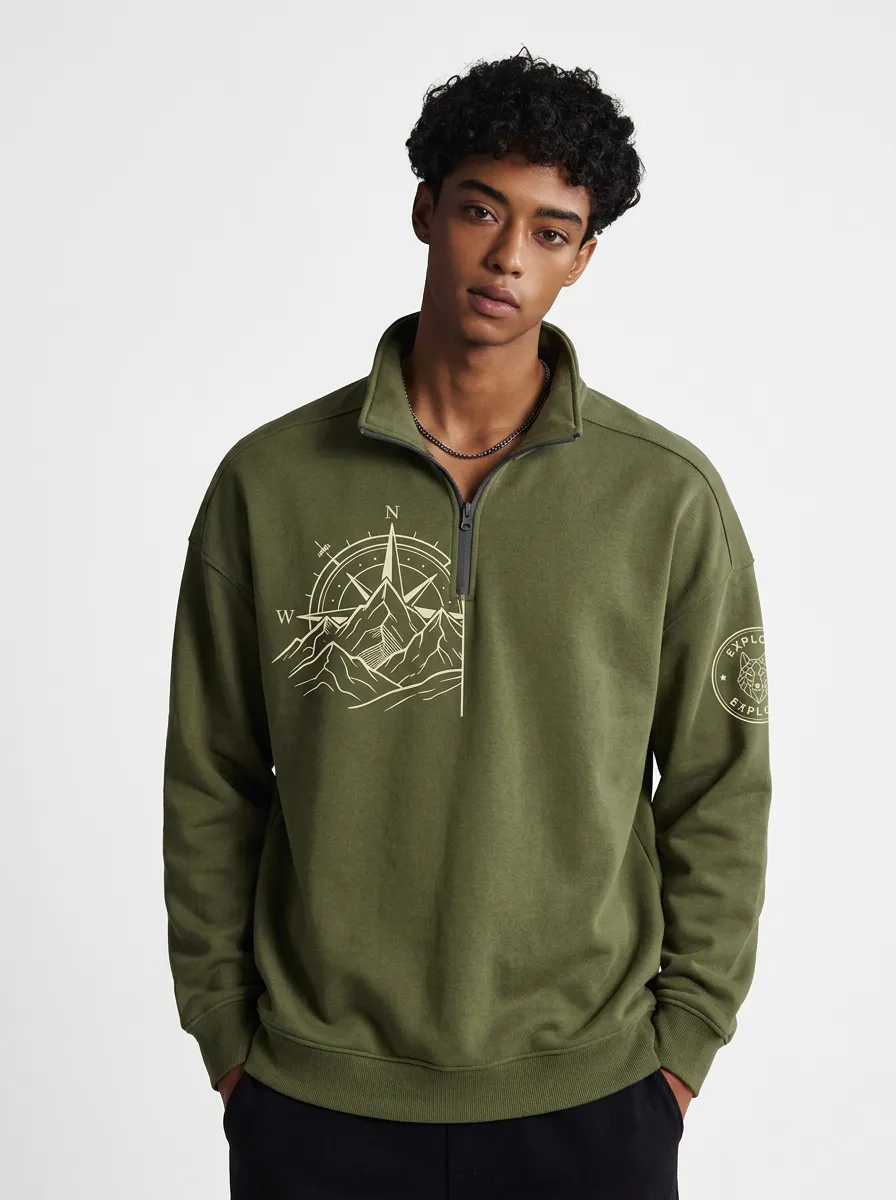 Men's Canyon Outdoor Mountain Compass Graphic Zip-Neck Sweatshirt