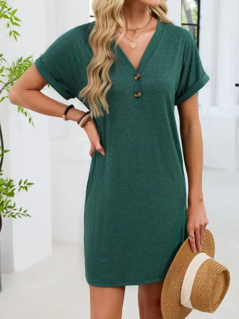 V Neck Short Sleeve Shirt Dress