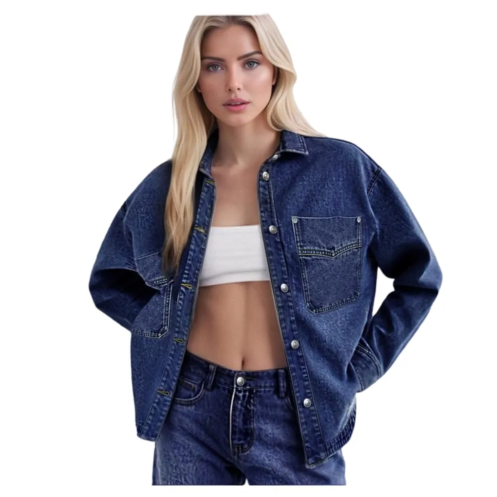 Women's Plain Button Front Drop Shoulder Curved Hem Denim Jacket