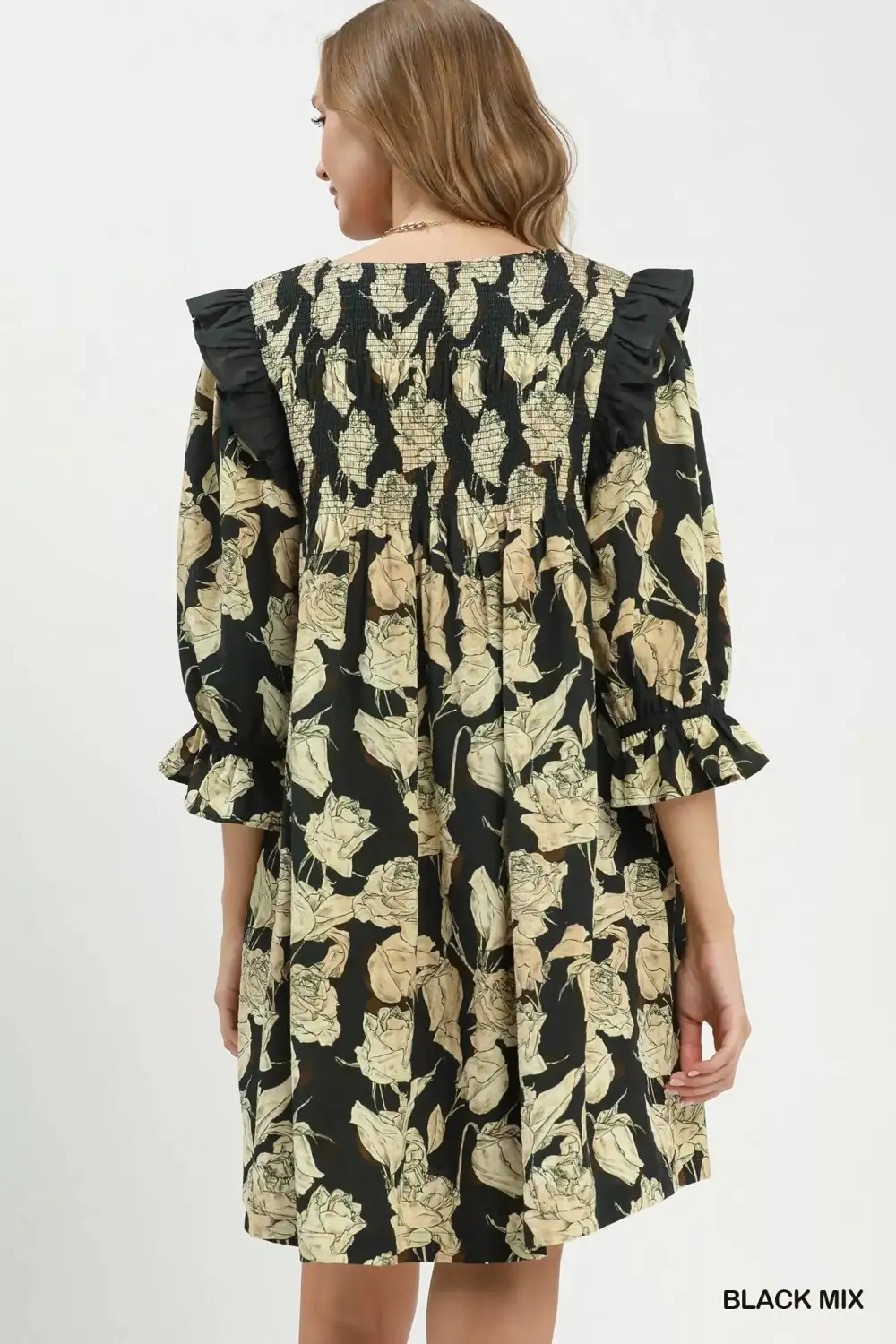 Floral Print Smocked Ruffle Detail Flowy Dress
