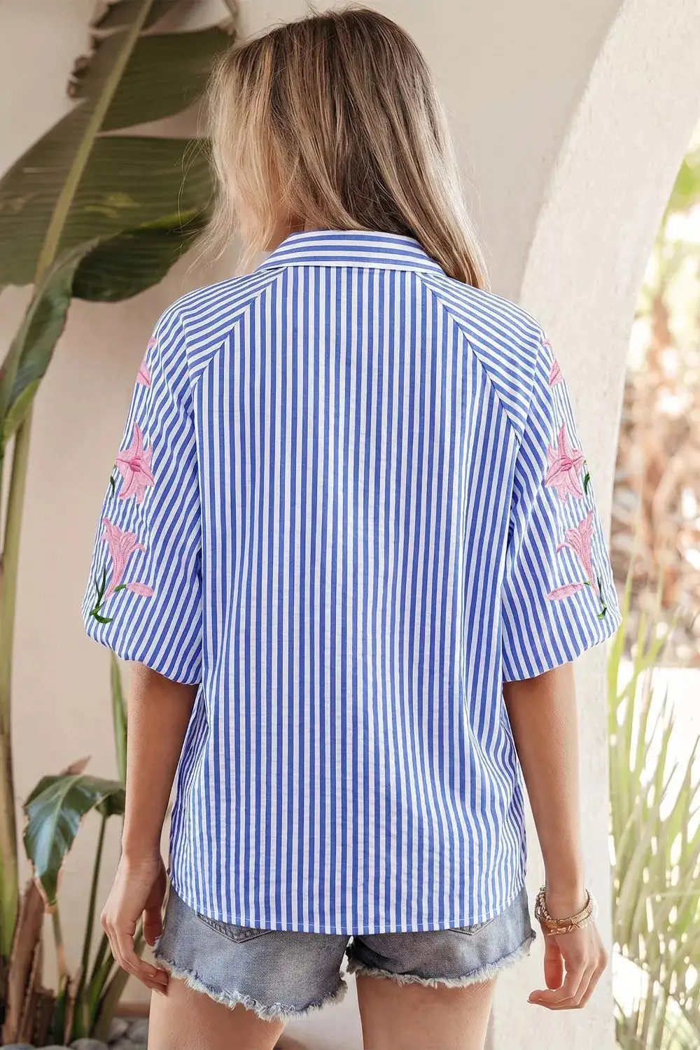 Striped Embroidered Puff Sleeve Button Down Shirt
