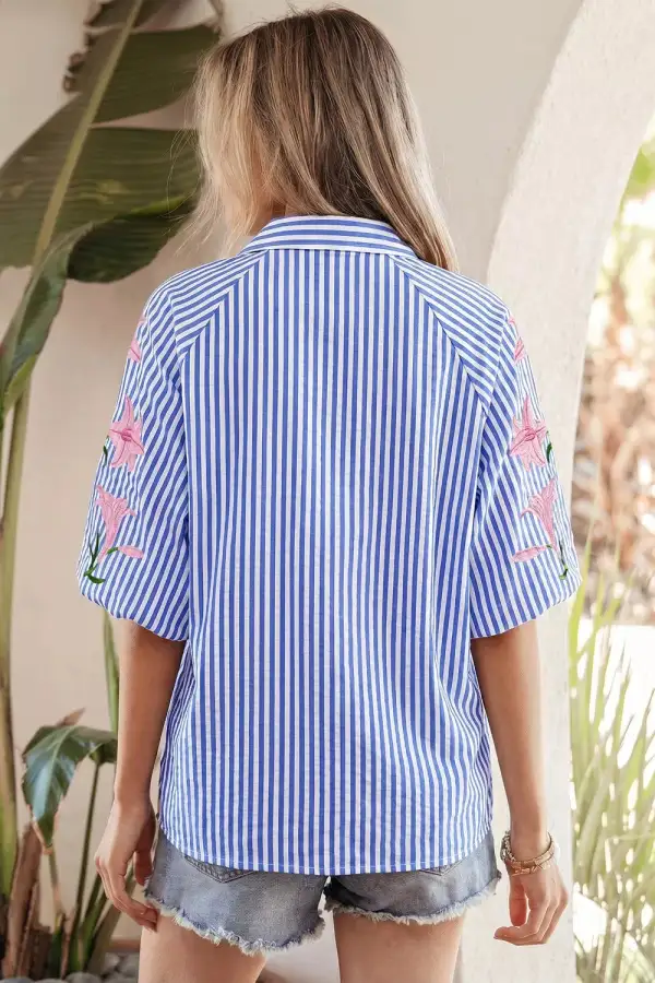 Striped Embroidered Puff Sleeve Button Down Shirt