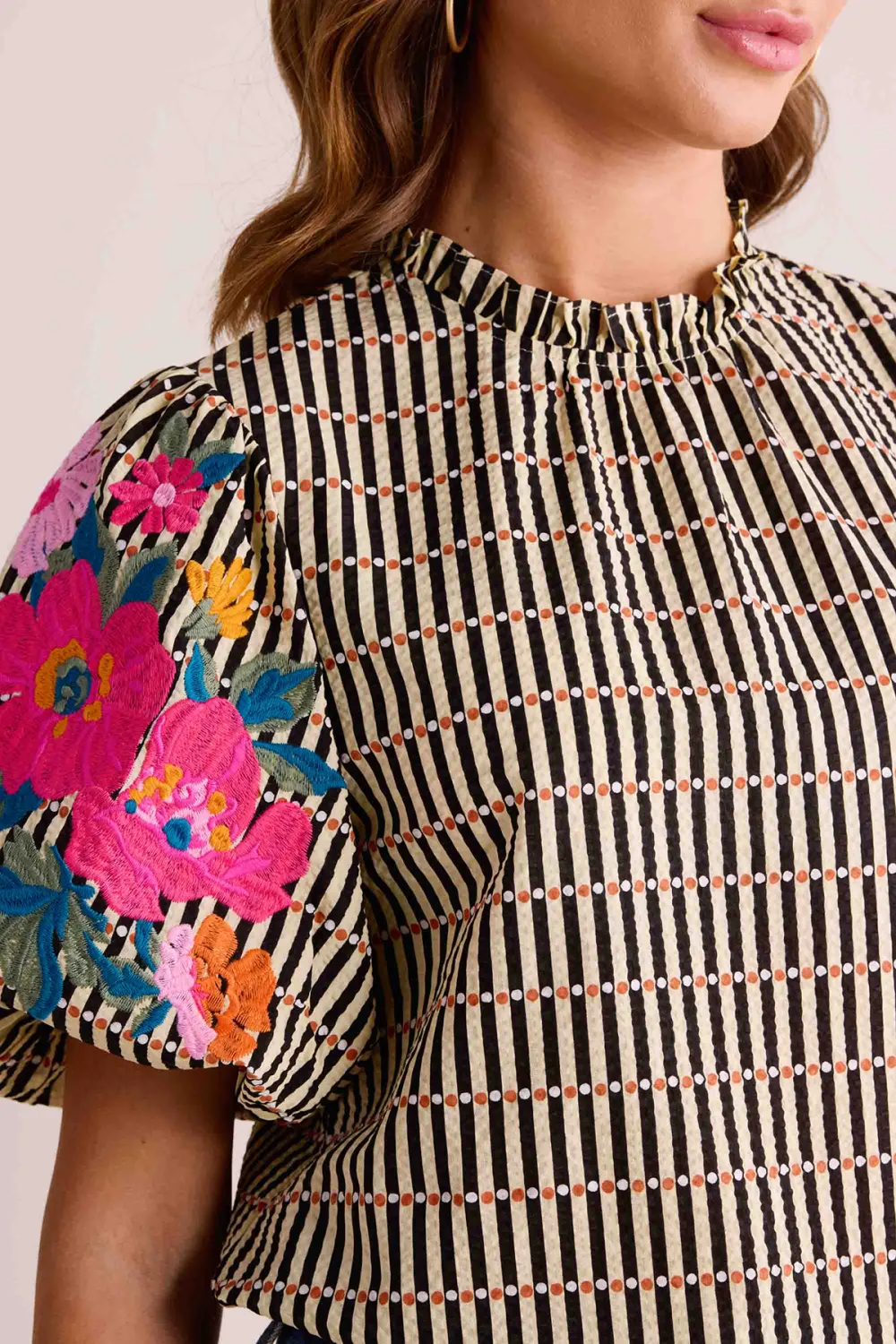 Floral Embroidered Puff Sleeve Checked Top