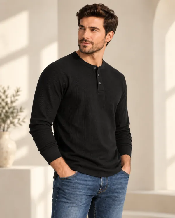 Men's Cotton Waffle-Knit Thermal Henley Shirt Long Sleeve S-3XL Breathable Fashion Casual Pullover Solid Tops Knitwear Menswear
