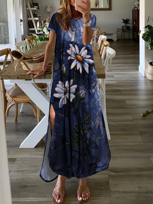 Women's Loose Floral Print Short Sleeve Long Dress