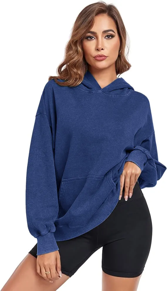 Women's Oversized Acid Wash Cotton Hoodie Minimalist Design Loose Fit with Kangaroo Pocket