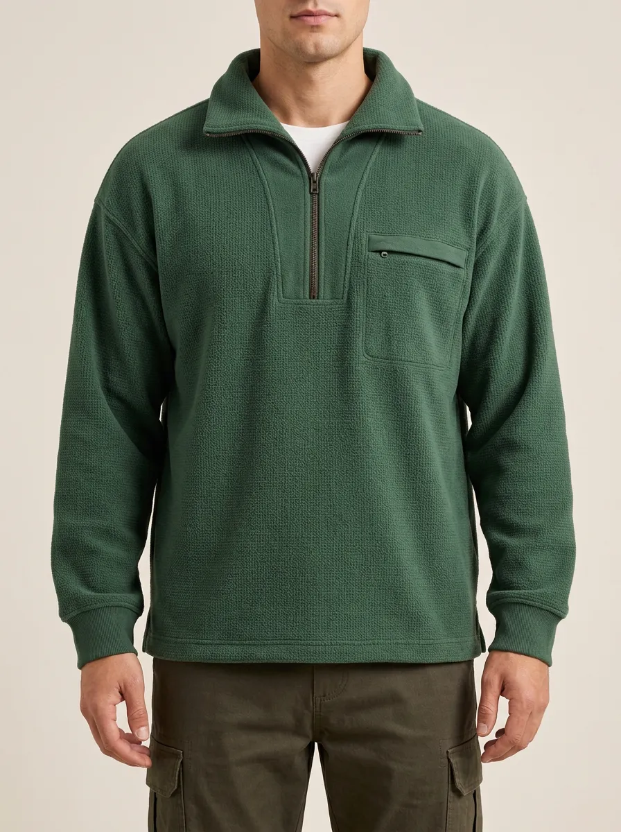 Waffle Knit Sweatshirt with Quarter-Zip Closure for Low-Key Wear