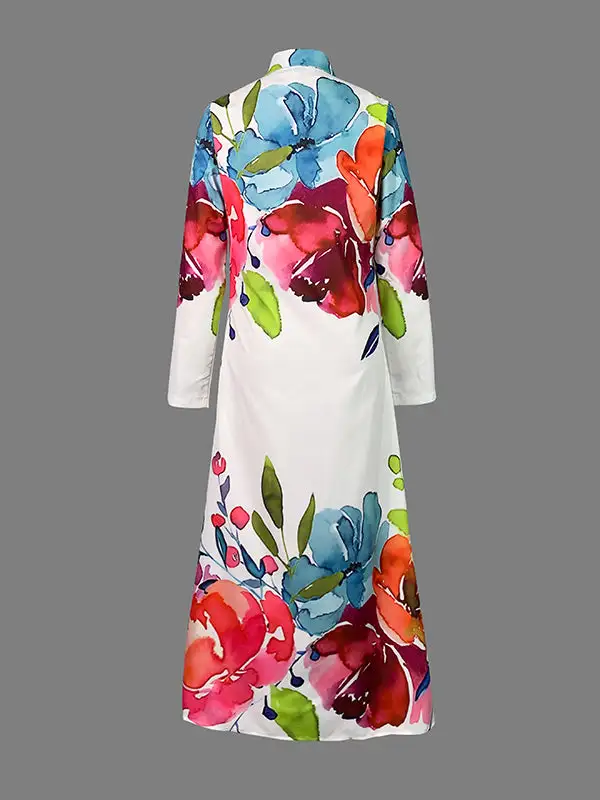 Flower Buttoned Long Shirt Maxi Dress